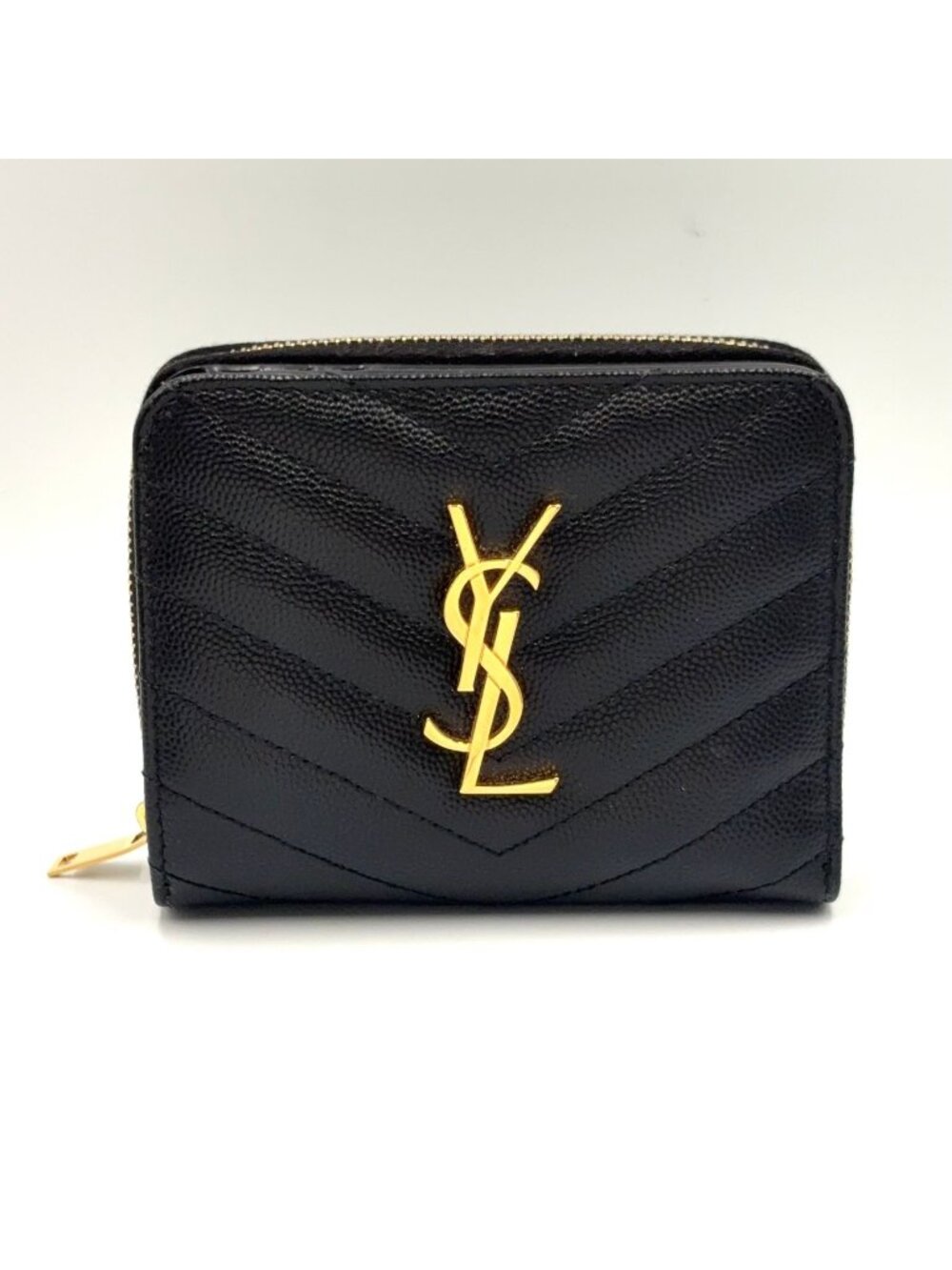 Saint Laurent Paris Monogram Compact Zip Around Caviar Leather Black Wallet Gold - Picture 1 of 13